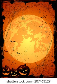 Vertical Halloween night background with Moon, spiders and Jack O' Lanterns, illustration.