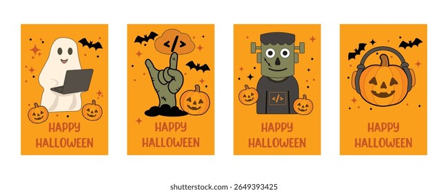 Cartão postal de Halloween vertical definido em fundo laranja com fantasma com laptop, jack-o’-lantern em fones de ouvido, monstro de codificação, mão zumbi do chão, e símbolos de código. Conceito divertido para desenvolvedores.