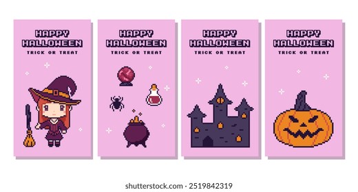 Vertical Halloween postcards in pixel art style. Vector set for retro themed designs and festive Halloween greetings