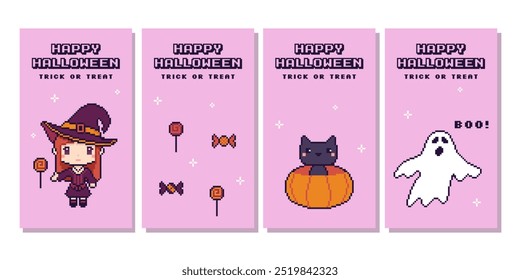 Vertical Halloween postcards in pixel art style. Vector set for retro themed designs and festive Halloween greetings