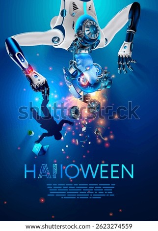Vertical Halloween poster. An evil broken robot with AI. A cyborg with AI glitched and rebelled against humanity. A huge scary robot with a short circuit hangs from the ceiling and grab a little man.