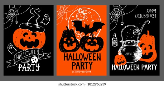 Vertical halloween posters set. Hand drawn pumpkin spider web full moon bat ghosts witchs cauldron lettering halloween party. Symbols of the autumn holiday in October. Stock vector illustration.