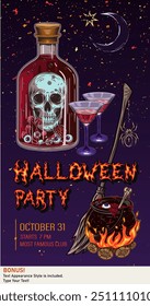 Vertical Halloween purple poster with bottle with skull, cauldron, broom. Social media story size. Template for party invitation. Editable text appearance included. Vintage style