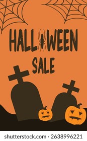 Vertical Halloween sale banner with gravestones and spider webs in corners on bright orange background. Spooky festive vector design with “Halloween Sale” text for holiday promotions.
