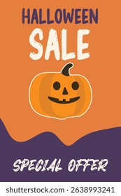 Vertical Halloween sale banner with laughing pumpkin, “Halloween Sale” and “Special Offer” text. Bright orange and purple color scheme. Festive vector design for autumn holiday promotions.