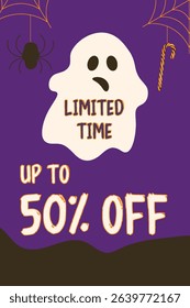 Vertical Halloween sale banner with scary ghost, candy sticks, spider hanging from webs, and “Limited Time Up to 50% Off” text. Spooky purple background vector design for festive promotion.