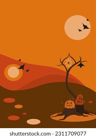 Vertical halloween scene. Pumpkins on stumps, autumn tree without leaves, spider on a web, bats. Autumn landscape, orange, red and brown colors. Flat vector illustration.