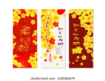 Vertical hand drawn banners set with blossom chinese New Year. Year of the pig