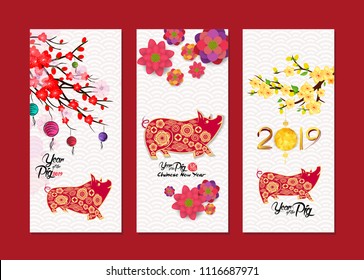 Vertical Hand Drawn Banners Set with Chinese New Year (hieroglyph: Pig)