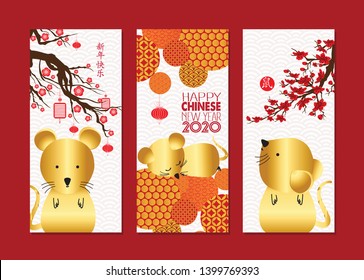 Vertical Hand Drawn Banners Set with Chinese New Year Rat. Chinese characters mean Happy New Year