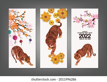 Pancartas verticales dibujadas a mano con Año Nuevo Chino 2022. Feliz año nuevo chino, año del tigre