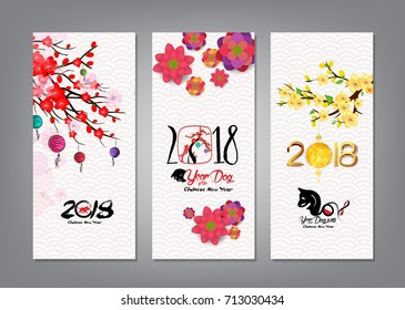 Vertical Hand Drawn Banners Set With Chinese New Year 2018 (hieroglyph: Dog)