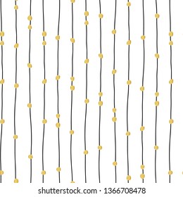 Vertical hand drawn black lines and gold foil dots seamless vector pattern.