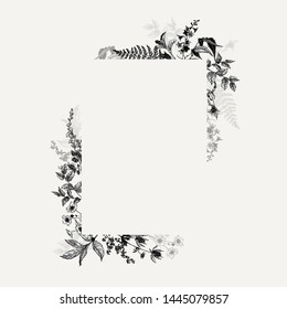 Vertical hand drawn rectangular frame with wild flowers and herbs. Black and white arrangement in vintage style.