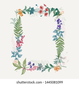 Vertical hand drawn rectangular frame with wild flowers and herbs. Colored arrangement in vintage style.