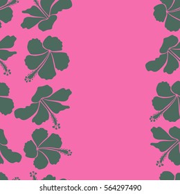 Vertical hand painted illustration with copy space (place for your text) in green and pink colors. Vector tropical leaves and green and pink flowers seamless pattern.