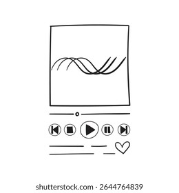 Vertical hand-drawn music player template, doodle buttons for downloading and playing music, podcast, audiobook
