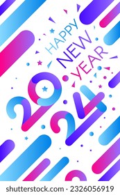 Vertical Happy 2024 New Year A4 Holiday night party poster in blue pink gradients with 2024 and Happy New Year inscription on white back. Template for printing for inviting to celebration. Vector