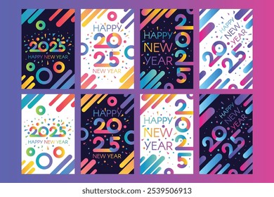 Vertical Happy 2025 cartaz de férias de Ano Novo definido em luz e noite disco gradiente cores com data 2025 e fogos de artifício festivos. Modelo para impressão, cartaz de anúncio para convidados. Vetor