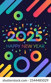 Vertical Happy 2025 New Year holiday poster in night disco gradient colors with date 2025 and festive fireworks. Template for printing, announcement poster for inviting guests. Vector