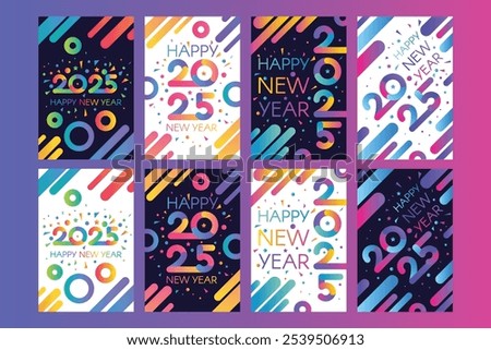 Vertical Happy 2025 New Year holiday poster set in light and night disco gradient colors with date 2025 and festive fireworks. Template for printing, announcement poster for inviting guests. Vector
