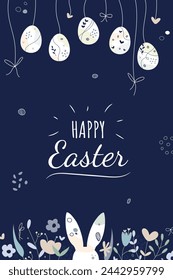 Vertical Happy Easter greeting Card with festive symbols. Bunny ears and Easter eggs with simple Floral pattern on a dark background. Vector editable stroke design for card and social media