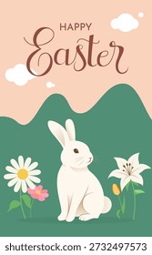 Vertical Happy Easter Poster With Bunny And Spring Landscape Illustration Flat Design 