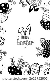 Vertical Happy Easter Vector Creative Greeting Card or Banner Design. Decorated Easter Eggs, Bunny Ears, Spring Flowers and Plants decorations. Silhouette Black and White Easter and Spring Frame. 