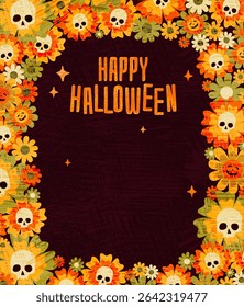Vertical HAPPY HALLOWEEN frame with a border of illustrated skulls and flowers. Editable copy space with festive and spooky design on a dark textured background. Vector illustration.
