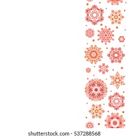 Vertical Happy New Year winter background. Vector design for textile, wallpaper, fabric, wrapping paper. Orange and red on white simple seamless Christmas pattern - varied Xmas snowflakes with dots.