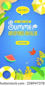 Vertical Happy summer super sale banner designs. Suitable for Horizontal posters, greeting cards, and website headers.