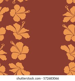 Vertical hawaiian tropical natural floral seamless pattern in brown and orange colors. Brown and orange hibiscus flowers with copy space (place for your text) in a trendy vector style.