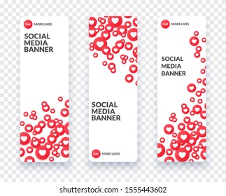 Vertical heart social media banner set for streaming, chat and videochat. Like symbol and heart icon background and banner in flat style with shadow isolated. Vector illustration.