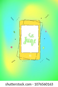 Vertical Hello June banner. Element for summer graphic design. Vector illustration.