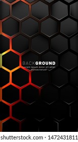 Vertical hexagon background. Color gradient Bright orange pattern with dark background technology style. Honeycomb. Vector illustration of light.