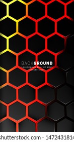Vertical hexagon background. Color gradient Bright orange pattern with dark background technology style. Honeycomb. Vector illustration of light.