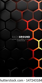 Vertical hexagon background. Color gradient Bright orange pattern with dark background technology style. Honeycomb. Vector illustration of light.