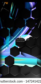 Vertical hexagon background. Gradient color light pattern with dark background technology style. Honeycomb. Vector illustration of light.