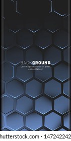 Vertical hexagon background. Gradient color light pattern with dark background technology style. Honeycomb. Vector illustration of blue light.
