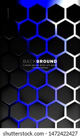 Vertical hexagon background. Gradient color light pattern with dark background technology style. Honeycomb. Vector illustration of blue light.