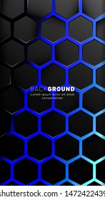 Vertical hexagon background. Gradient color light pattern with dark background technology style. Honeycomb. Vector illustration of blue light.