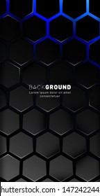 Vertical hexagon background. Gradient color light pattern with dark background technology style. Honeycomb. Vector illustration of blue light.