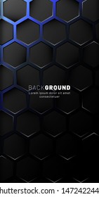 Vertical hexagon background. Gradient color light pattern with dark background technology style. Honeycomb. Vector illustration of blue light.