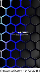 Vertical hexagon background. Gradient color light pattern with dark background technology style. Honeycomb. Vector illustration of blue light.