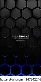 Vertical hexagon background. Gradient color light pattern with dark background technology style. Honeycomb. Vector illustration of blue light.