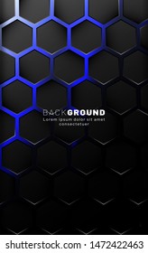 Vertical hexagon background. Gradient color light pattern with dark background technology style. Honeycomb. Vector illustration of blue light.