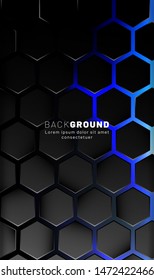 Vertical hexagon background. Gradient color light pattern with dark background technology style. Honeycomb. Vector illustration of blue light.