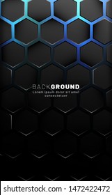 Vertical hexagon background. Gradient color light pattern with dark background technology style. Honeycomb. Vector illustration of blue light.