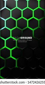 Vertical hexagon background. Gradient color light pattern with dark background technology style. Honeycomb. Vector illustration of light green.