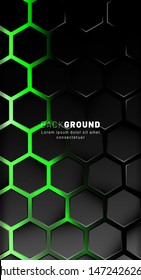 Vertical hexagon background. Gradient color light pattern with dark background technology style. Honeycomb. Vector illustration of light green.